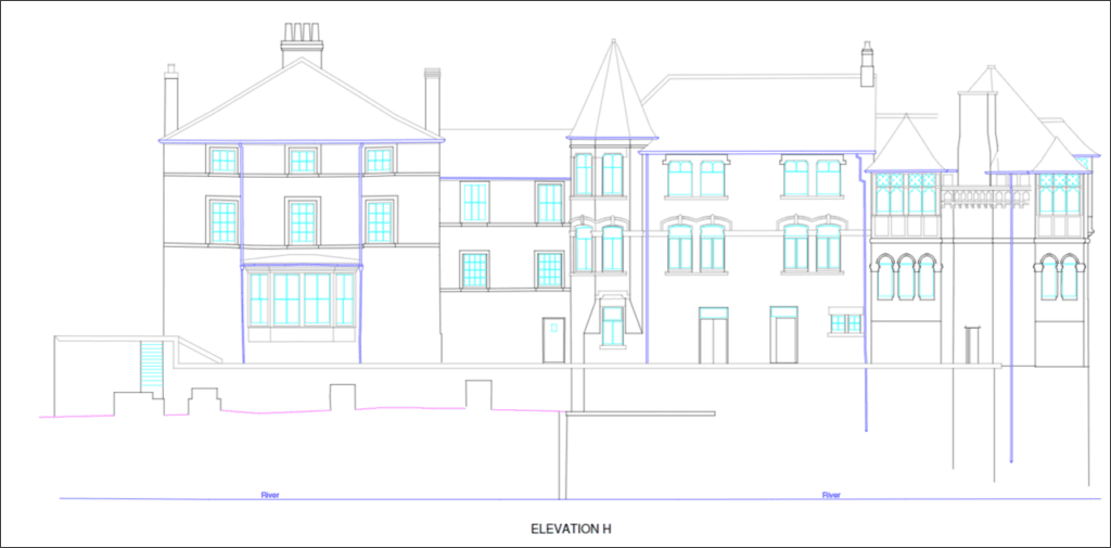 External elevation drawing. Showing the basement level, located below the ground level.