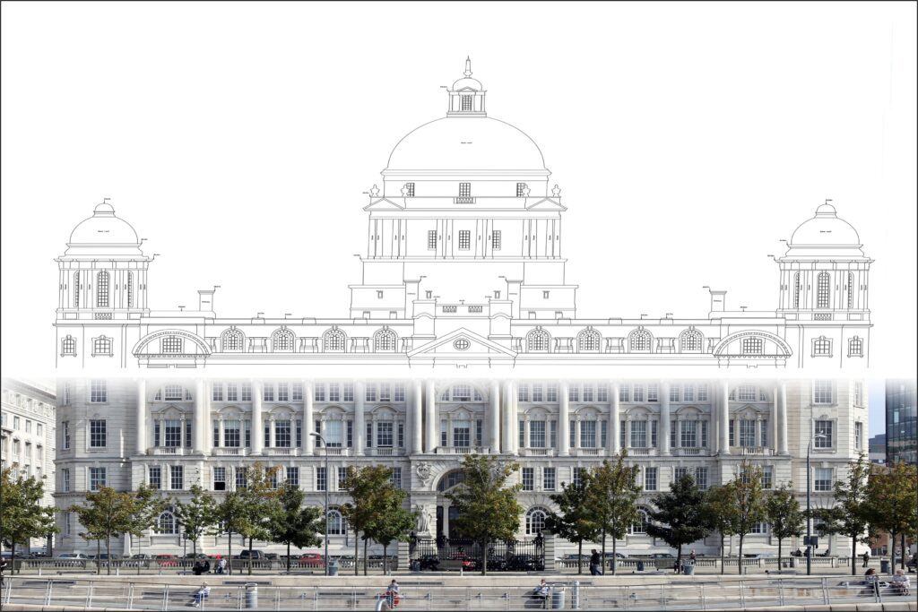 A rendition of the Port of Liverpool Building. Showcasing the transformation of a building into a drawing.