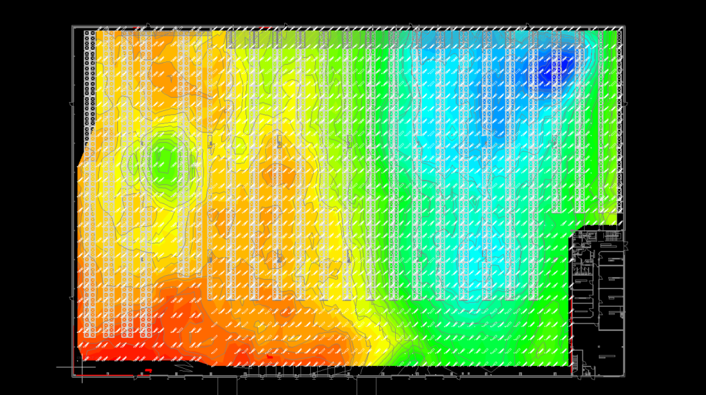 Warehouse floor showing changes in floor level using an isopachyte scale