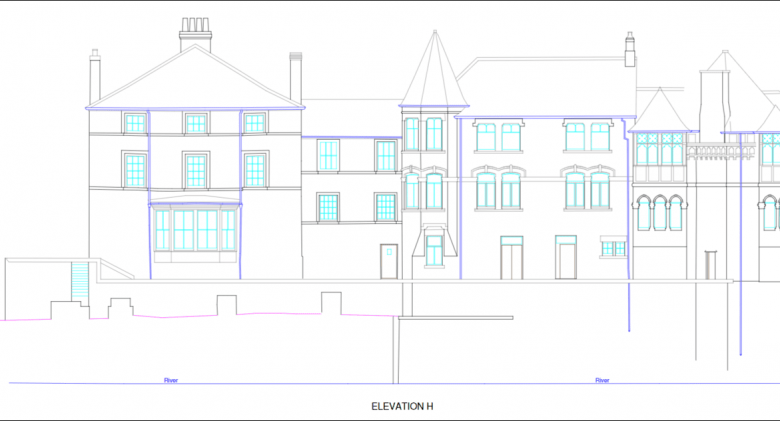 External elevation drawing. Showing the basement level, located below the ground level.