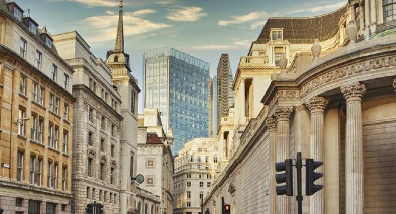 View of deserted Lothbury Street in London banking district as it might look while a curfew through Covid-19.